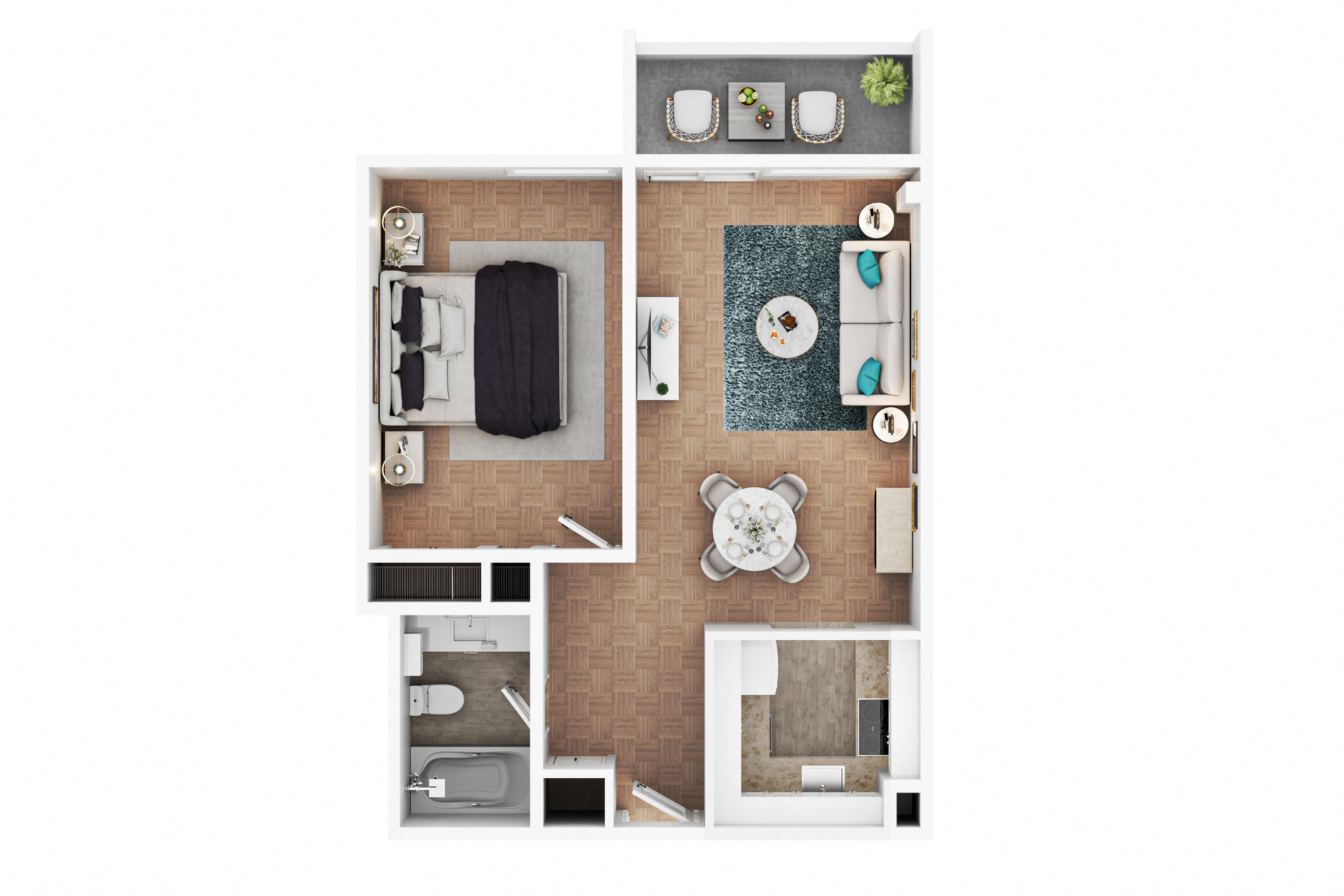 Floor plan for 1 bed, 1 bath, 600 sqft